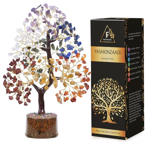 FASHIONZAADI Seven Chakra Gemstone Tree - Healing Crystal Money Trees Feng Shui Gift Handmade Reiki Crystals & Stone Home Office Table Décor Good Luck Throat Chakras Size 10-12 Inch (Golden Wire) von FASHIONZAADI