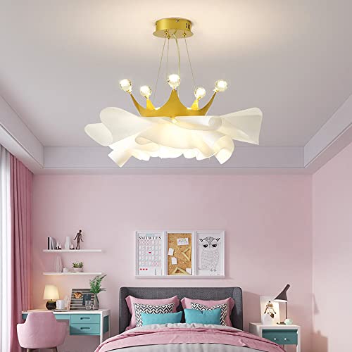 FAZRPIP Moderne Kristall-Kronleuchter für das Schlafzimmer des Mädchens, Gold, rund, Kristall-Kronleuchter, Kronenform, dimmbar, LED-Blumen-Acryl-Pendelleuchte, für Wohnzimmer, Schlafzimmer von FAZRPIP
