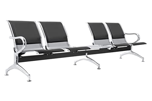 FBasic 5er-Stahlbank 299x71x78H Silber für Wartezimmer | Verfügbar zum Zusammenbauen: 5 Stühle + Couchtisch | Mit Sitz- und Rückenkissen SCHWARZ | Bank mit Armlehnen von FBasic
