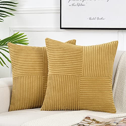 FDTERN 2er Set Boho Kordsamt Kissenbezug 40x40CM Kurkuma Gelb Flauschig Quadrat Kissenbezüge Kissenhülle Dekokissenbezug Sofakissen Dekokissen Deko für Sofa Schlafzimmer Wohnzimmer Balkon von FDTERN