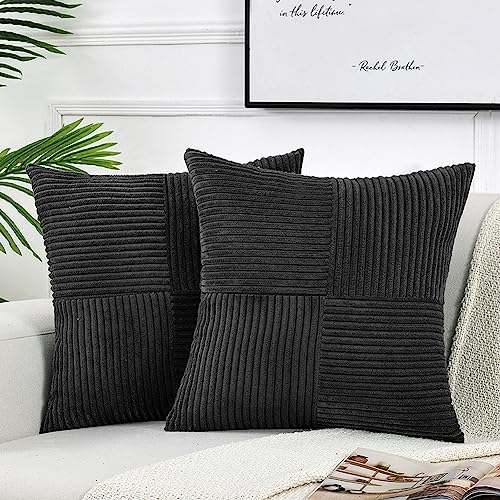 FDTERN 2er Set Boho Kordsamt Kissenbezug 60x60CM Schwarz Einfarbig Flauschig Quadrat Kissenbezüge Kissenhülle Dekokissenbezug Sofakissen Dekokissen Deko für Sofa Schlafzimmer Wohnzimmer Balkon von FDTERN