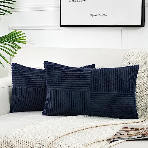 FDTERN 2er Set Boho Kordsamt Kissenbezug Rechteckig 30x50CM Navy Blau Flauschig Kissenbezüge Kissenhülle Dekokissenbezug Sofakissen Dekokissen Deko für Sofa Schlafzimmer Wohnzimmer Balkon von FDTERN