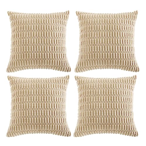 FDTERN 4er Set Boho Kissenbezug 60x60 cm Beige Einfarbig Flauschig Kissenbezüge Kordsamt Kissenhülle Dekokissenbezug Sofakissen Dekokissen Deko für Sofa Schlafzimmer Wohnzimmer Balkon von FDTERN