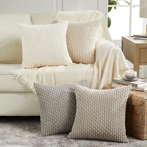 FDTERN 4er Set Boho Kordsamt Kissenbezug 45x45CM Grau Beige Creme Farbverlauf Flauschig Kissenbezüge Kissenhülle Dekokissenbezug Sofakissen Dekokissen Deko für Sofa Schlafzimmer Wohnzimmer Balkon von FDTERN