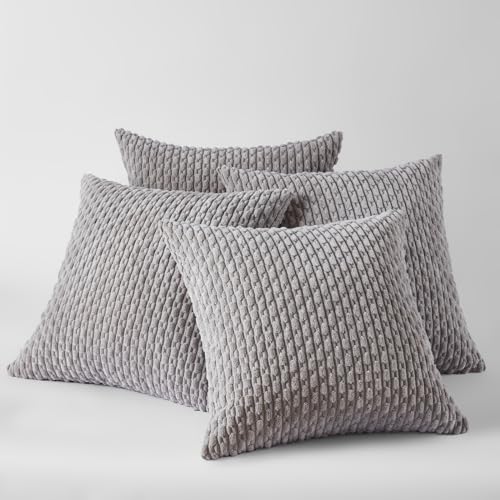 FDTERN 4er Set Boho Kordsamt Kissenbezug 45x45CM Grau Einfarbig Flauschig Kissenbezüge Kissenhülle Dekokissenbezug Sofakissen Dekokissen Deko für Sofa Schlafzimmer Wohnzimmer Balkon von FDTERN