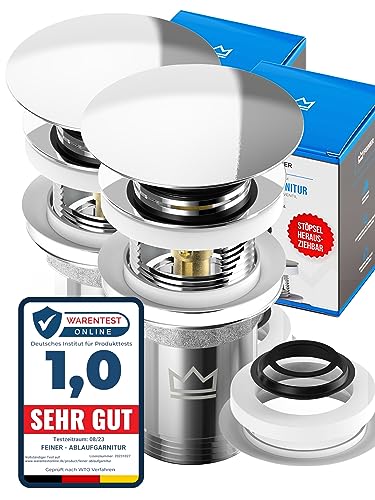 FEINER® 2-er Set, Waschbecken Ablaufgarnitur für Waschbecken & Waschtisch Aller Art MIT Überlauf, Stöpsel herausziehbar mit Haarsieb, GRATIS Ersatz Dichtungen & Einbau mit Anleitung. von FEINER