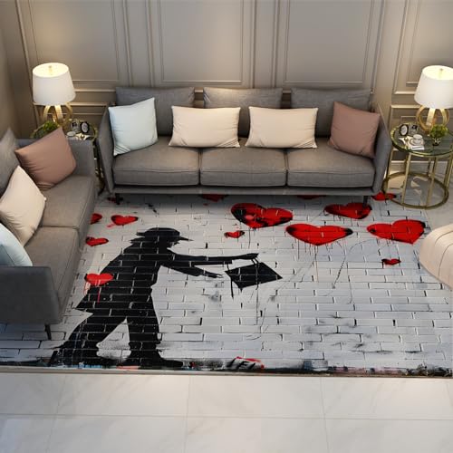FEIPUHOME Art Großer Teppich für Teenager Erwachsene Schlafzimmer Dekor Banksy Stil rote Liebesherzen druckt Teppiche weiße Ziegel Textur Muster rutschfeste Matte 150x210cm von FEIPUHOME Art