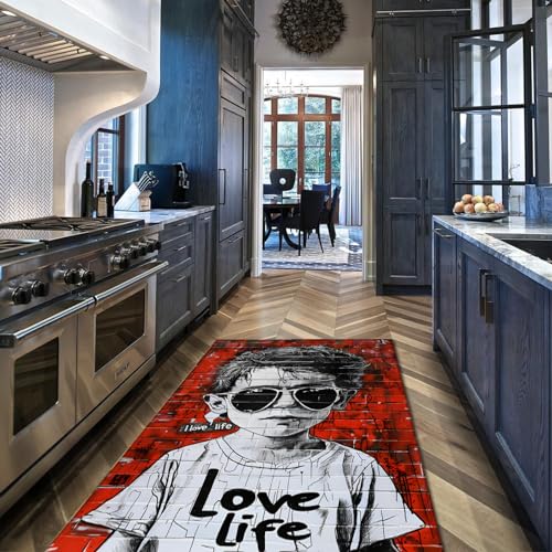 FEIPUHOME Art Rote Teppiche Cool Boy Portrait Graffiti Stil Leichter Innenteppich Retro Ziegel Textur Muster No-Shedding Low Pile Teppich 120x180cm von FEIPUHOME Art