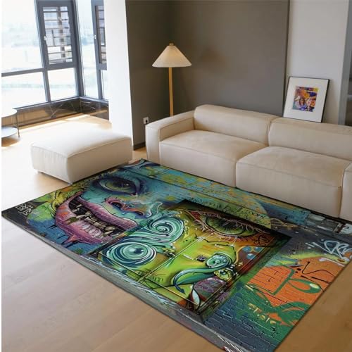 FEIPUHOME Art Weicher Leichter Teppich Vintage Graffiti Bunte Fläche Teppiche für Spielzimmer Eingangsbereich Dekor Halloween schrecklicher Stil Anti Rutsch Teppich 120x150cm von FEIPUHOME Art