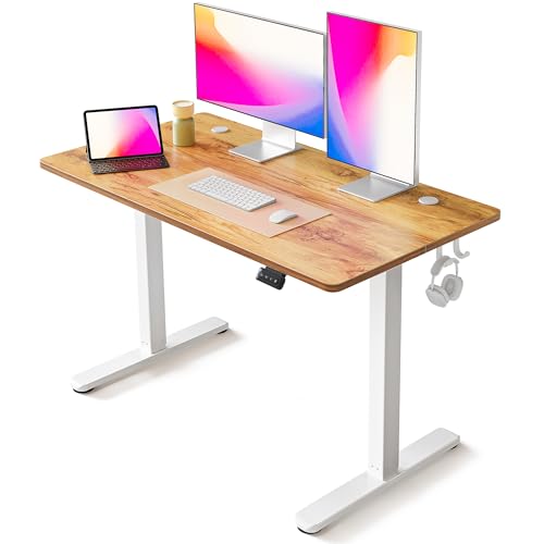 FEZIBO Schreibtisch Höhenverstellbar Elektrisch, 120 x 60 cm Stehschreibtisch mit Memory-Steuerung und Anti-Kollisions Technologie, Weißer Rahmen/Hellbraune Tischplatte von FEZIBO