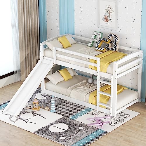 FEZTOY Etagenbett für Kinder, Kinderbett mit Rutsche, Hochbett Spielbett Stockbett mit 1 Lattenroste, Massivholzrahmen, 90x200cm, ohne Matratzen von FEZTOY