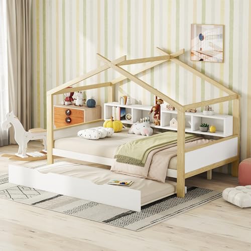 FEZTOY Hausbett 90x200 Mit Rausfallschutz, Kinderbett mit Lattenrost - Kinder Bett für Kinderzimmer - Gemütlich Baumhausbett Mädchen, ohne Matratze (weiß-140x200) von FEZTOY