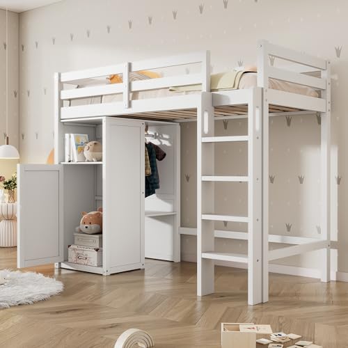 FEZTOY Hochbett mit Kleiderschrank und Regalen Kinderbett mit Lattenrost und Rausfallschutz Etagenbett Stockbett für Jungen Mädchen, ohne Matratze (Weiß A, 90x200) von FEZTOY