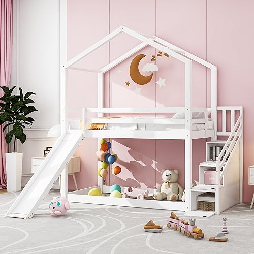 FEZTOY Kinder Bett mit Rutsche, Hausbett 90x200, Etagenbett für Kinder, Hochbett Baumhaus mit Stauraum Treppe und 1 Lattenrost, Kinderbetten, Spielbett, Jugendbett, ohne matratze (weiß-Schließfächer) von FEZTOY