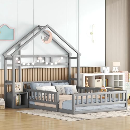 FEZTOY Kinderbett Bett Hausbett 140x200 mit Nachttischen und Rausfallschutz Bodenbett Bettgestell Flachbetten für Haus Kinder Jungen & Mädchen, ohne Matratze von FEZTOY