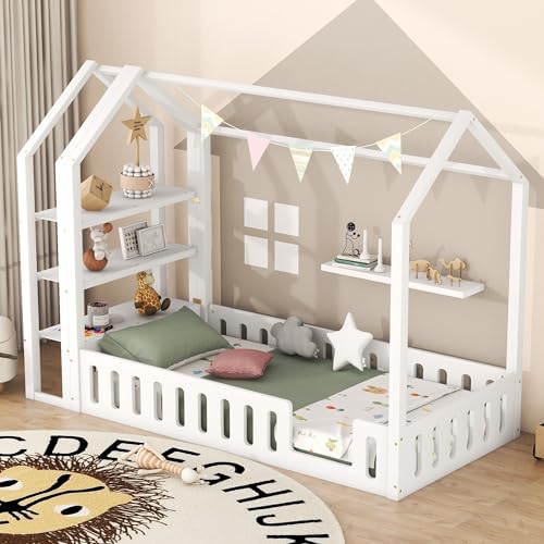 FEZTOY Kinderbett Bett Hausbett 90x200 mit Regalen und Rausfallschutz Bodenbett Bettgestell Flachbetten für Haus Kinder Jungen & Mädchen, ohne Matratze von FEZTOY