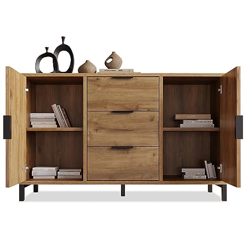 FEZTOY Kommode mit 2 Türen und 3 Schubladen, Anrichte, Schubladenschrank, Highboard, Sideboard, 120 x 40 x 76 cm in Dunkle Eiche, für Schlafzimmer & alle Wohnräume (mit 2 Türen+3 Schubladen) von FEZTOY