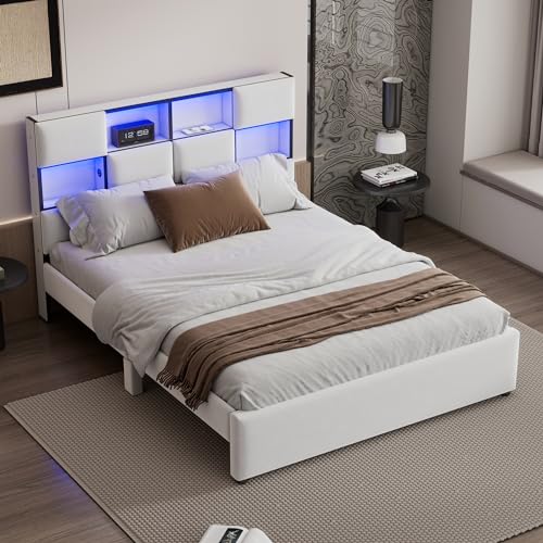 FEZTOY Polsterbett mit LED LED Stauraum Kopfteil, Doppelbett 140x200, Bettgestell mit USB Ladebuchse, Multifunktionsbett mit Lattenrost, Erwachsenen Jugendbett, ohne Matratze (Beige Weiß, 140x200) von FEZTOY