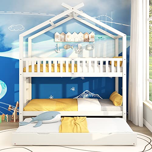 FEZTOY Weiß Etagenbett für Kinder 90x200cm, Hochbett Kinderbett, Jugendbet, Stockbett für 3 Kinder mit Lattenrost, 3 Personen Doppelbett Hausbett von FEZTOY