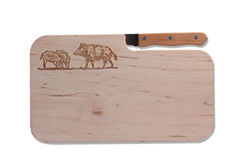 Schneidbrett mit Jagdmotiv Wildschwein mit Messer I Erle Brotzeitbrett mit Motiv I Geschenkidee für Jäger I 26,3 x 15,5 x 1,2 cm von FFelsenfest