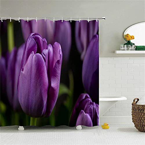 FIBITA Duschvorhang 120 x 200 Lila Tulpe Shower Curtains Lila Tulpe Badezimmer Vorhang Blumen Duschvorhang Antischimmel Wasserdicht 3D Duschvorhänge Badewannen Waschbar von FIBITA