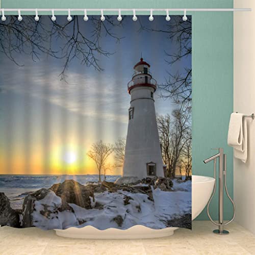 FIBITA Duschvorhang 240x200 Navigation Duschvorhang Leuchtturm Badezimmer Vorhang Winter Antischimmel Wasserdicht Badezimmer Vorhang 3D Effekt Duschvorhänge Polyester Waschbar mit Haken von FIBITA