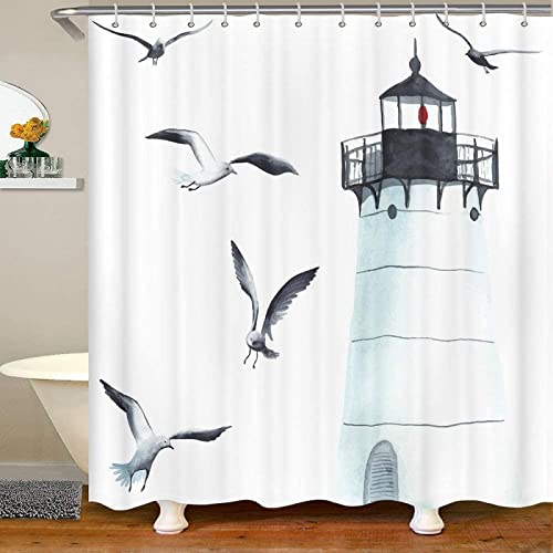 FIBITA Duschvorhang 240x200 Navigation Shower Curtains Navigation Badezimmer Vorhang Leuchtturm Möwe Duschvorhang Antischimmel Wasserdicht 3D Duschvorhänge Badewannen Waschbar von FIBITA