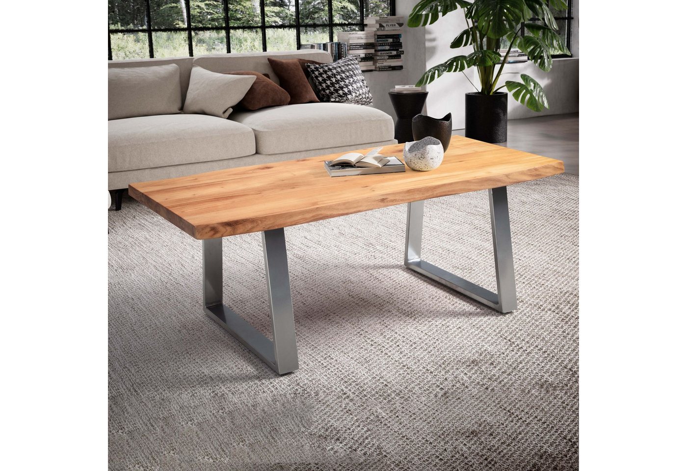 FINEBUY Couchtisch FB100787 (Massivholz Akazie 120 x 60 cm, Tisch mit Baumkante), Großer Wohnzimmertisch, Sofatisch Trapezbeine von FINEBUY