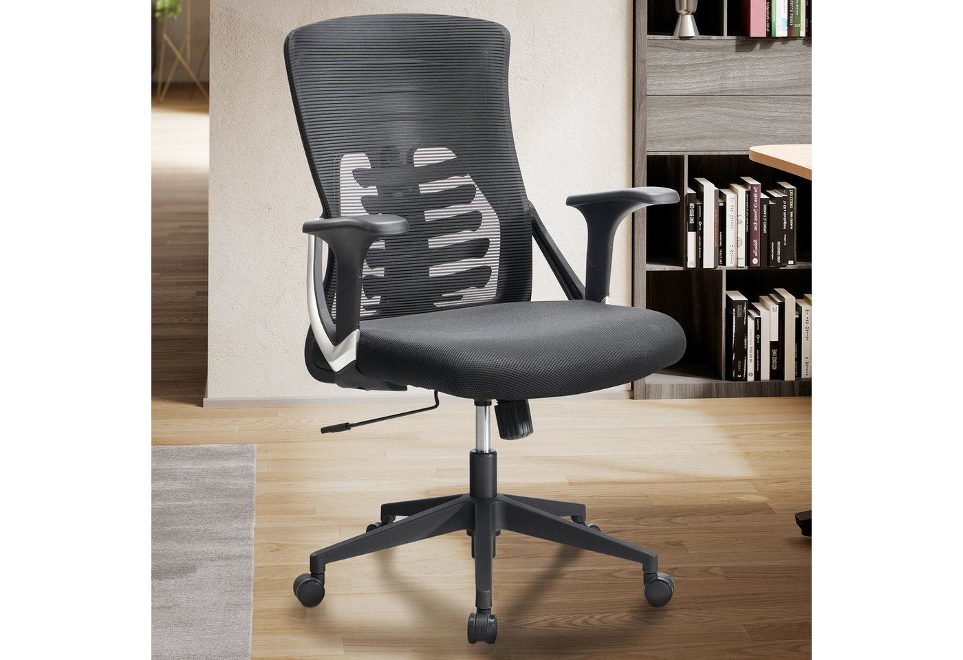 FINEBUY Drehstuhl FB58806 (Bürostuhl Schwarz Mesh-Bezug 120 kg Drehbar), Schreibtischstuhl Stoff, Ergonomisch mit Armlehnen von FINEBUY