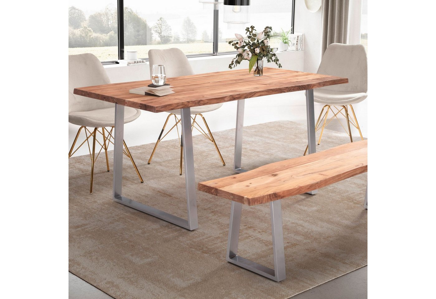 FINEBUY Esstisch FB100740 (120x60x76 cm Akazie Massivholz, Baumkante Modern), Esszimmertisch Trapezbeine, Holztisch Esszimmer von FINEBUY