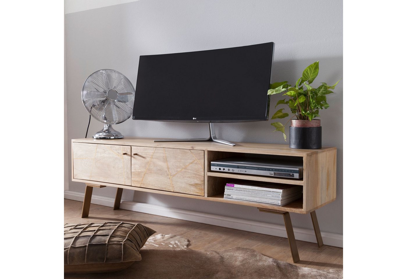 FINEBUY Lowboard FB51245 (Mango Massivholz Landhaus TV Kommode 145x47x35 cm), Fernsehschrank mit 2 Türen, Unterschrank TV Möbel von FINEBUY