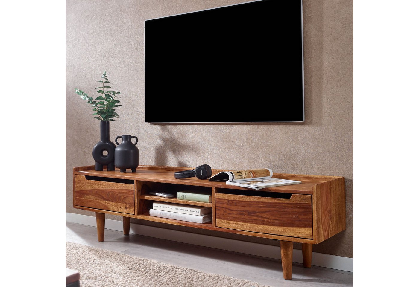 FINEBUY Lowboard FB78871 (Sheesham Massivholz 145x43x35 cm mit zwei Türen), TV-Schrank mit Stauraum, Fernsehkommode Modern von FINEBUY