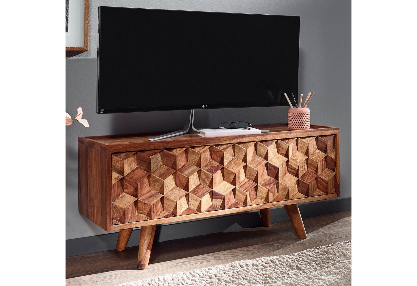 FINEBUY Lowboard FB79105 (Sheesham Massivholz 92x44x35 cm mit Klapptür), TV-Schrank mit Stauraum, Fernsehkommode Modern von FINEBUY