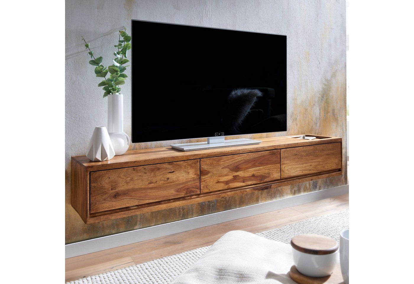 FINEBUY Lowboard FB79710 (TV-Board Hängend Sheesham Massivholz 160x25x35 cm), TV-Schrank mit Stauraum, Fernsehkommode Modern von FINEBUY