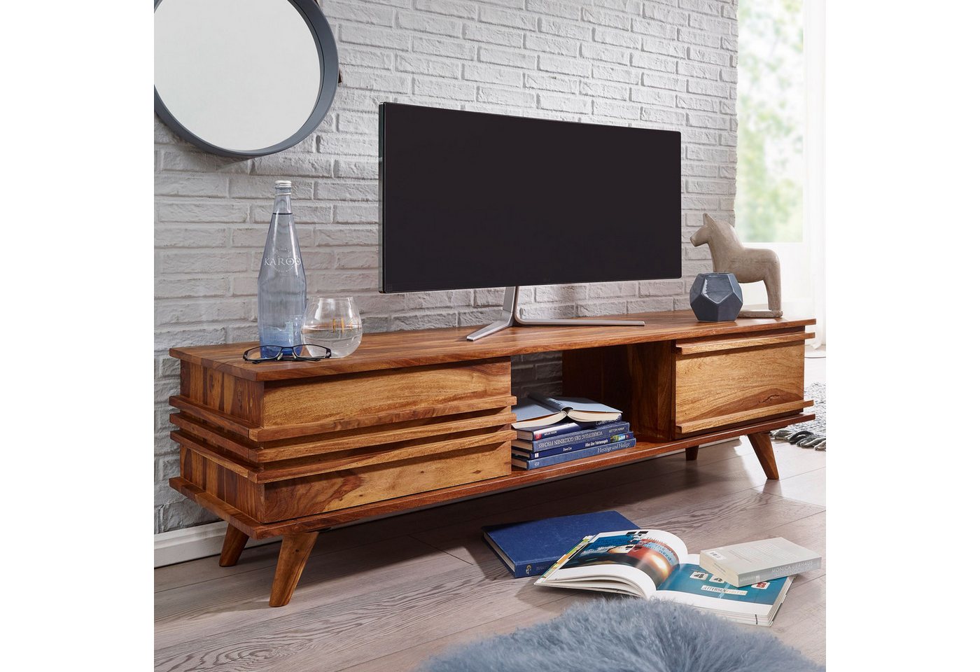 FINEBUY Lowboard SuVa3519_1 (Massivholz Sheesham, Kommode 145 cm TV-Board), Unterschrank Fernseher Modern, TV-Board Stauraum von FINEBUY