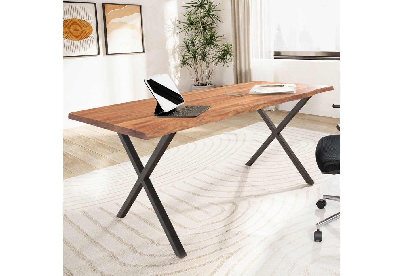 FINEBUY Schreibtisch FB100775 (120x60x76 cm Akazie Massivholz, Baumkante Modern), Computertisch Home Office, Bürotisch X-Beine von FINEBUY