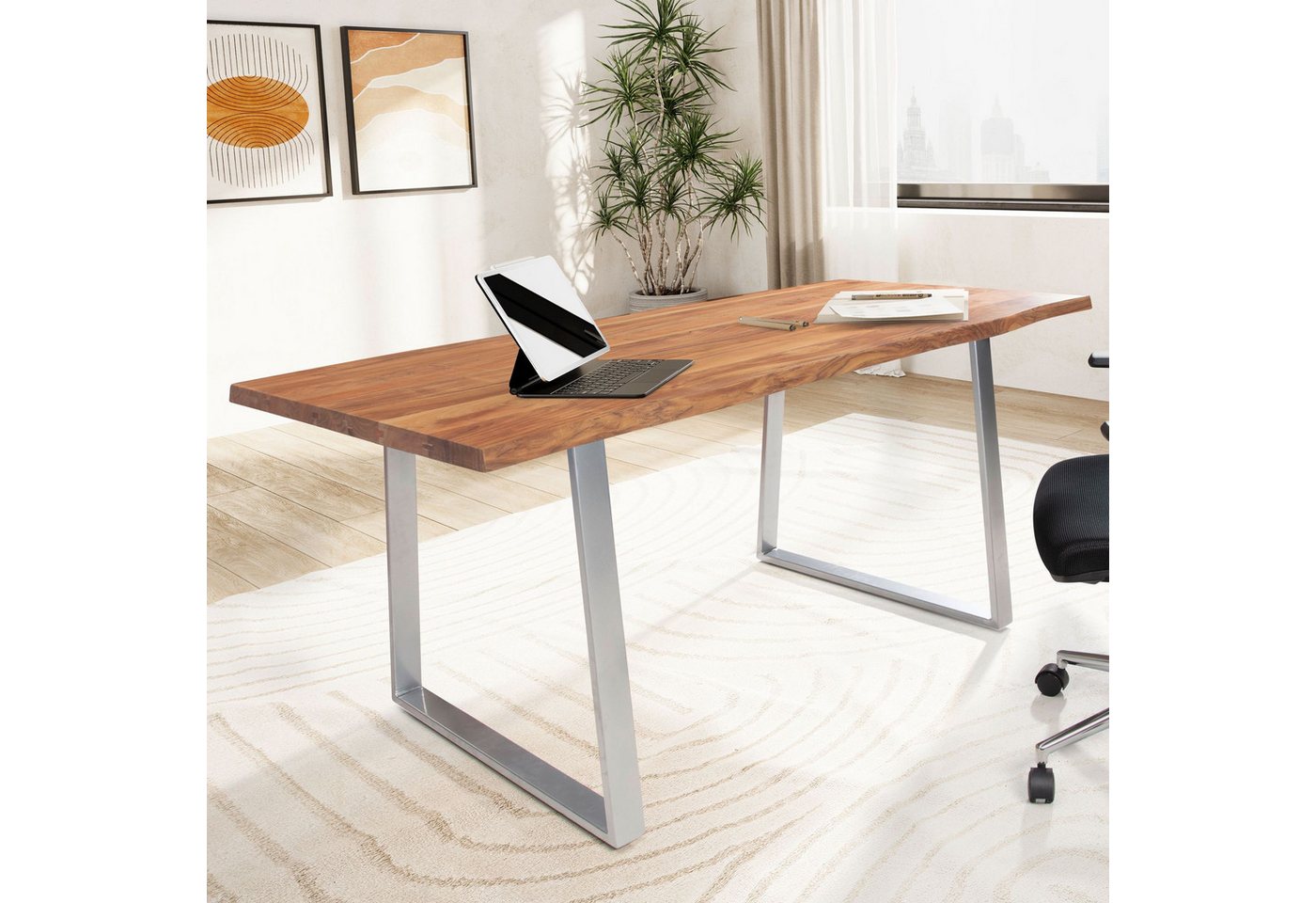 FINEBUY Schreibtisch FB68339 (140x80x76 cm Akazie Massivholz, Baumkante Modern), Computertisch Home Office, Bürotisch Trapezbeine von FINEBUY