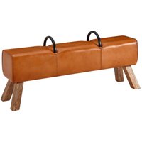 Sitzbank Echtleder / Massivholz 133x60,5x34 cm Leder Modern Turnbock, Springbock Lederhocker mit Griffen, Sitzhocker Turnbank Gepolstert - Finebuy von FINEBUY