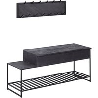 Sitzbank mit Wandgarderobe Schwarz Mango Massivholz Schuhbank 110 cm, Design Garderoben-Set Industrial Flur, Garderobenbank mit Stauraum und von FINEBUY