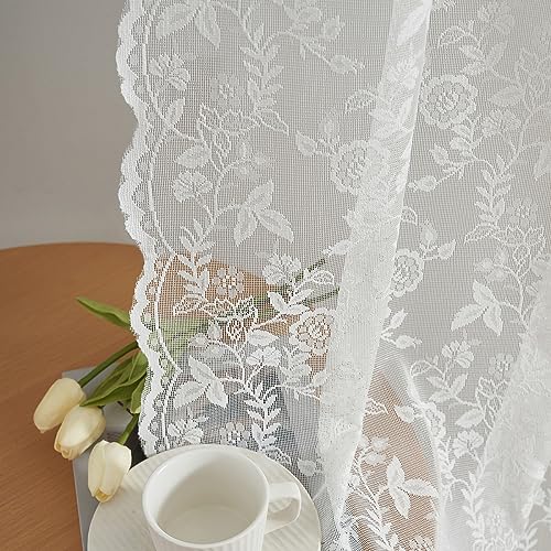 FINECITY Elfenbeinfarbene Spitzenvorhänge 114 cm Länge, Country Spitze Durchsichtige Vorhänge Kurz für Fenster, Privatsphäre Vintage Spitzenvorhang Paneele für Küche, 132x114 cm, Elfenbein, 2 Paneele von FINECITY