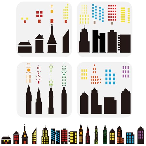 FINGERINSPIRE 4 Teiliges Geschichtetes Malschablonen Set Für Die Skyline Der Stadt 15 cm PET Stadtgebäude Silhouette Zeichenvorlage Architektur Und Lokale Themen Sprühschablone Haus DIY Vorlage von FINGERINSPIRE