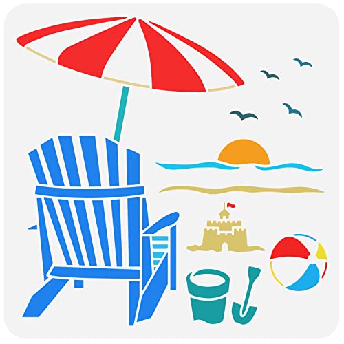 FINGERINSPIRE Beach Chair Schablone 30x30cm Wiederverwendbar Beachvolleyball Schloss Sandeimer Schaufel Sonnenuntergang Möwen Zeichnungsvorlage, Sommerthema Schablone Zum Malen Auf Wandholzmöbeln von FINGERINSPIRE