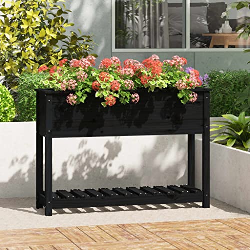 FIRBNUS Pflanzkübel mit Ablage Schwarz 111,5x34,5x81 cm Massives Kiefernholz Hochbeet Ergonomisch Optimaler Arbeitshöhe Gartenpflanzgefäße Viel Platz Lagerung und Pflanzung von Gemüse und Blumen von FIRBNUS