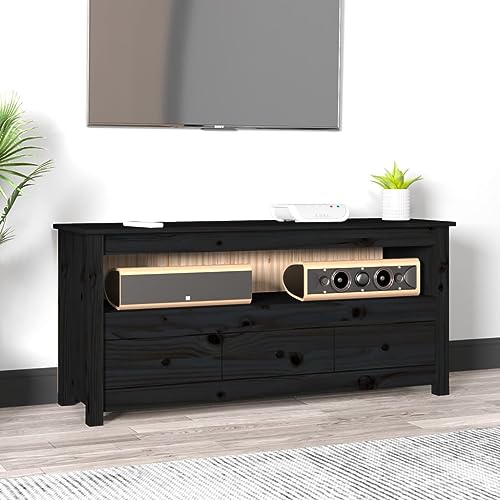 FIRBNUS TV-Schrank Schwarz 114x35x52 cm TV Board TV Schrank Holz Lowboard Holz Kommode Holz TV Kommode Sideboard Holz TV Lowboard Holz Schrank Schubladen TV Unterschrank Massivholz Kiefer von FIRBNUS