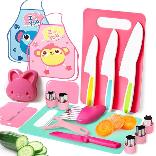 FIRITHYC Kinder-Küchenmesser-Set,Sicherheit Küchenmesser für echtes Kochen,nthalten gezackte Kanten Kunststoff Kleinkind Messer, Schneidebrett, Tier Obst Zahnstocher (Blau + Rosa) von FIRITHYC