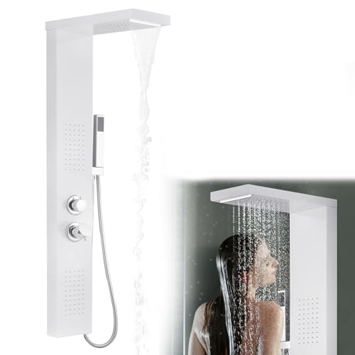 FIVMEN Duschsystem Duschpaneel Multifunktional 4-Funktion 304 Edelstahl Dusche mit Regendusche Handbrause Massagedusche Wasserfalldusche, Duschsäule Innen/Außendusche Duschset, Weiß von FIVMEN