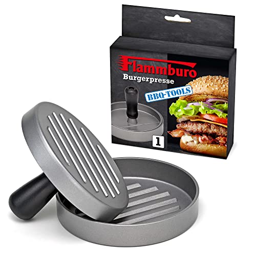 FLAMMBURO Burgerpresse Ø 12 cm - Aus Aluminium, mit Antihaft-Funktion, spülmaschinengeeignet – Massiv, 250 g - Für Burger, Hamburger, Patty, Patties – Fleischpresse für BBQ & Grill von FLAMMBURO