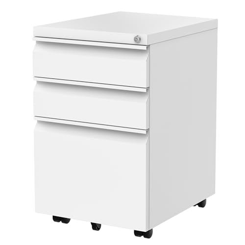 FLEXISPOT Rollcontainer mit 3 Schubladen Kommode weiß rollcontainer Schreibtisch Aktenschrank Büroschrank Unterschrank für Büro Wohnzimmer Schlafzimmer mit Schlüsselschloss und Anti-Kipp-Rad von FLEXISPOT