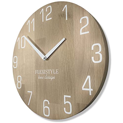 FLEXISTYLE Wanduhr Natur Durchmesser holzoptik 100% Eiche, Holz modern, Wohnzimmer, ohne tickgeräusche … (30cm, Weiß) von FLEXISTYLE