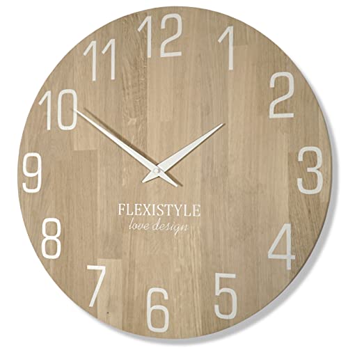 FLEXISTYLE Wanduhr Natur Durchmesser holzoptik 100% Eiche, Holz modern, Wohnzimmer, ohne tickgeräusche … (50cm, Weiß) von FLEXISTYLE